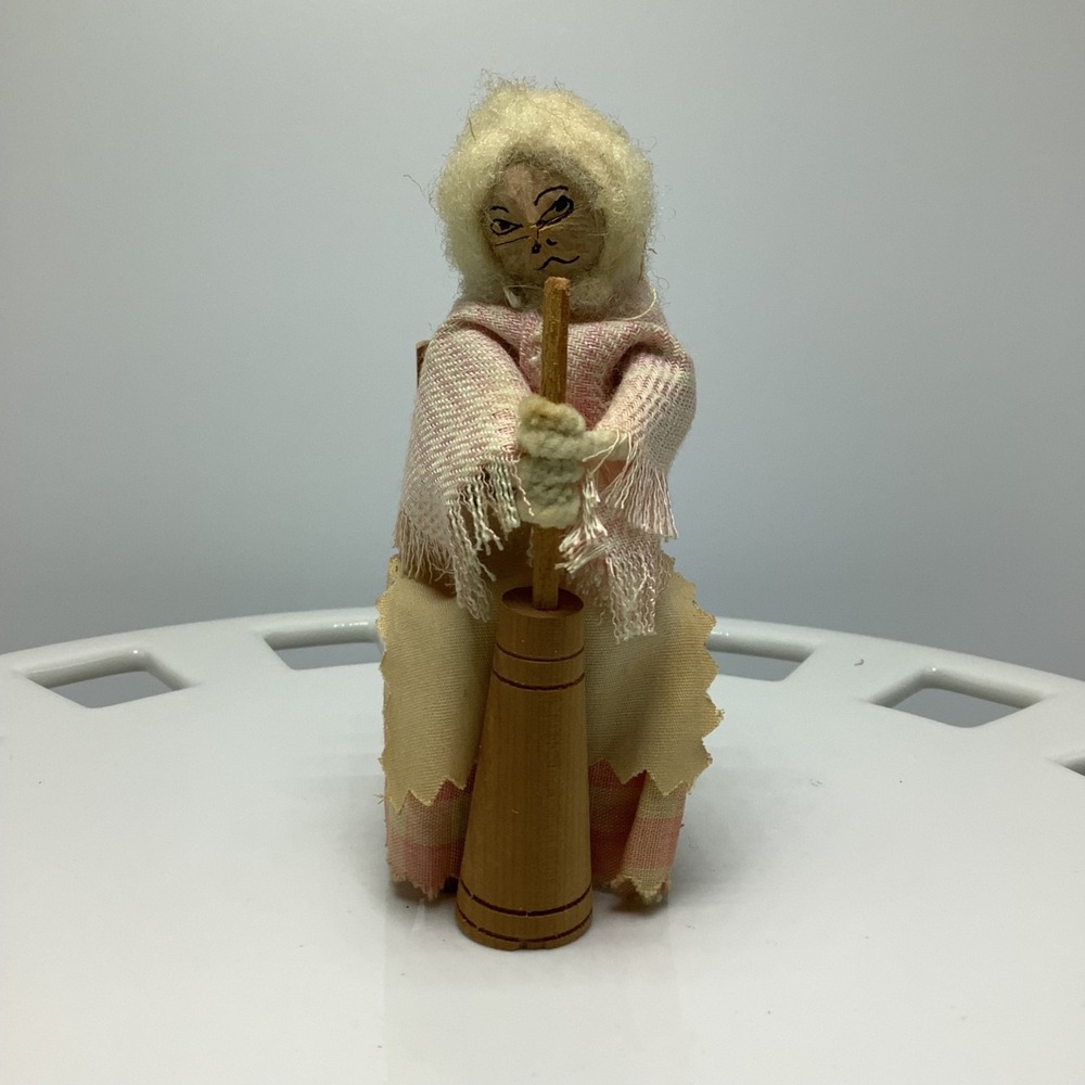 Homemade Hickory Nut Grandma Churning Butter on Chair Folk Art Doll 4 1/2"